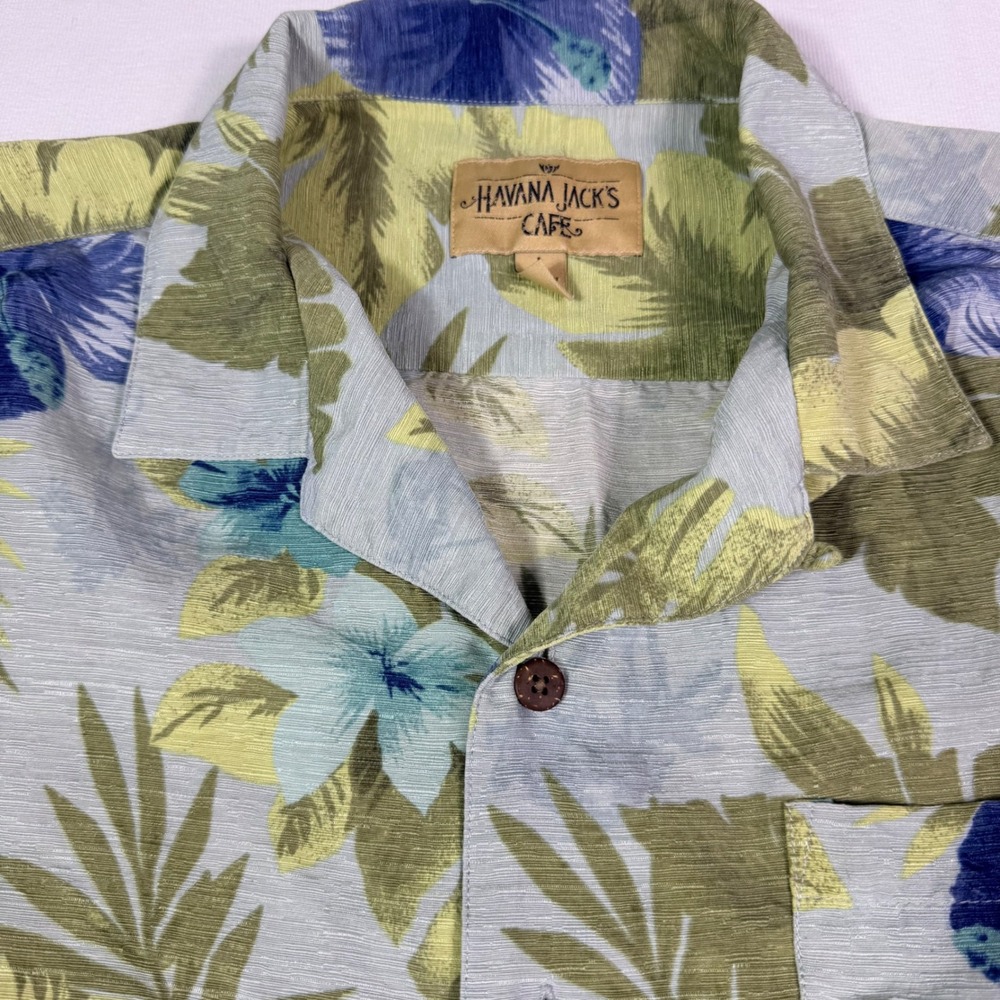 Havana Jack's Cafe Silk Shirt L Blue Green Tropical Hibiscus Floral Button Down